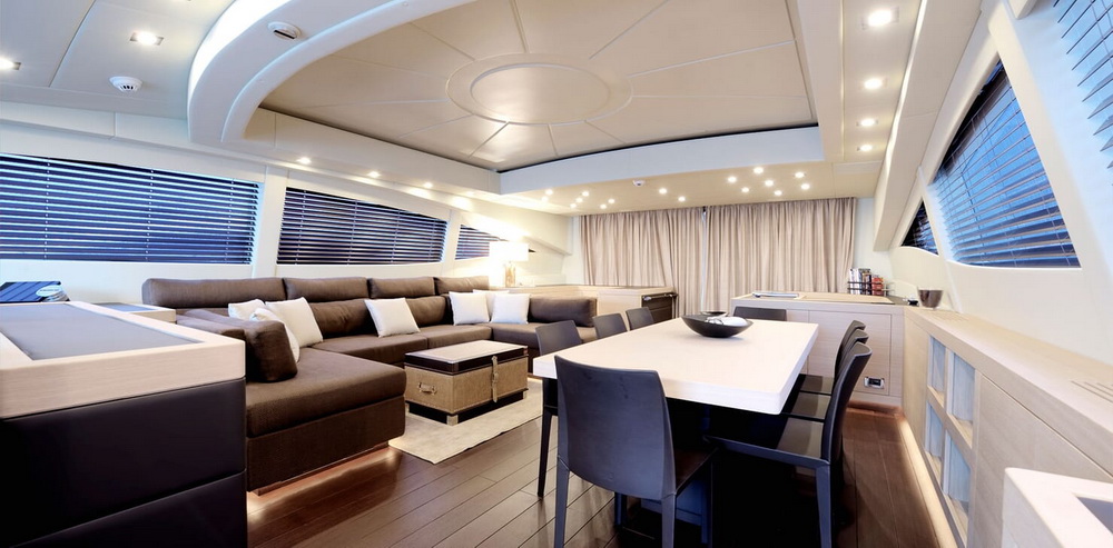 Motor yacht KAWAI living room with vast seating soft lighting